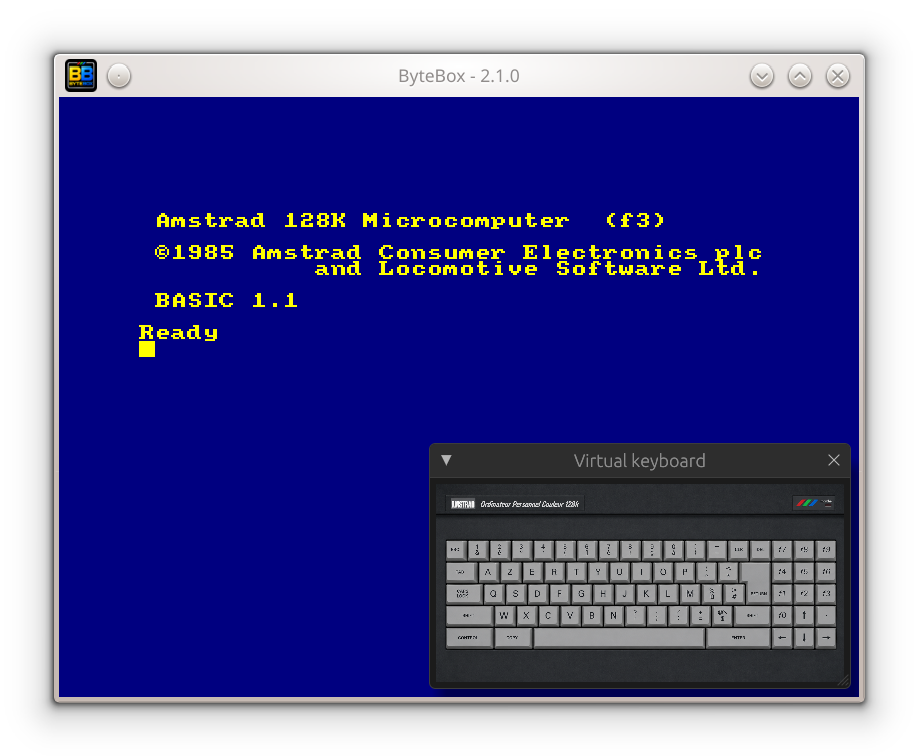 ByteBox at the Locomotive BASIC 1.1 ready prompt, with the virtual AZERTY keyboard open
