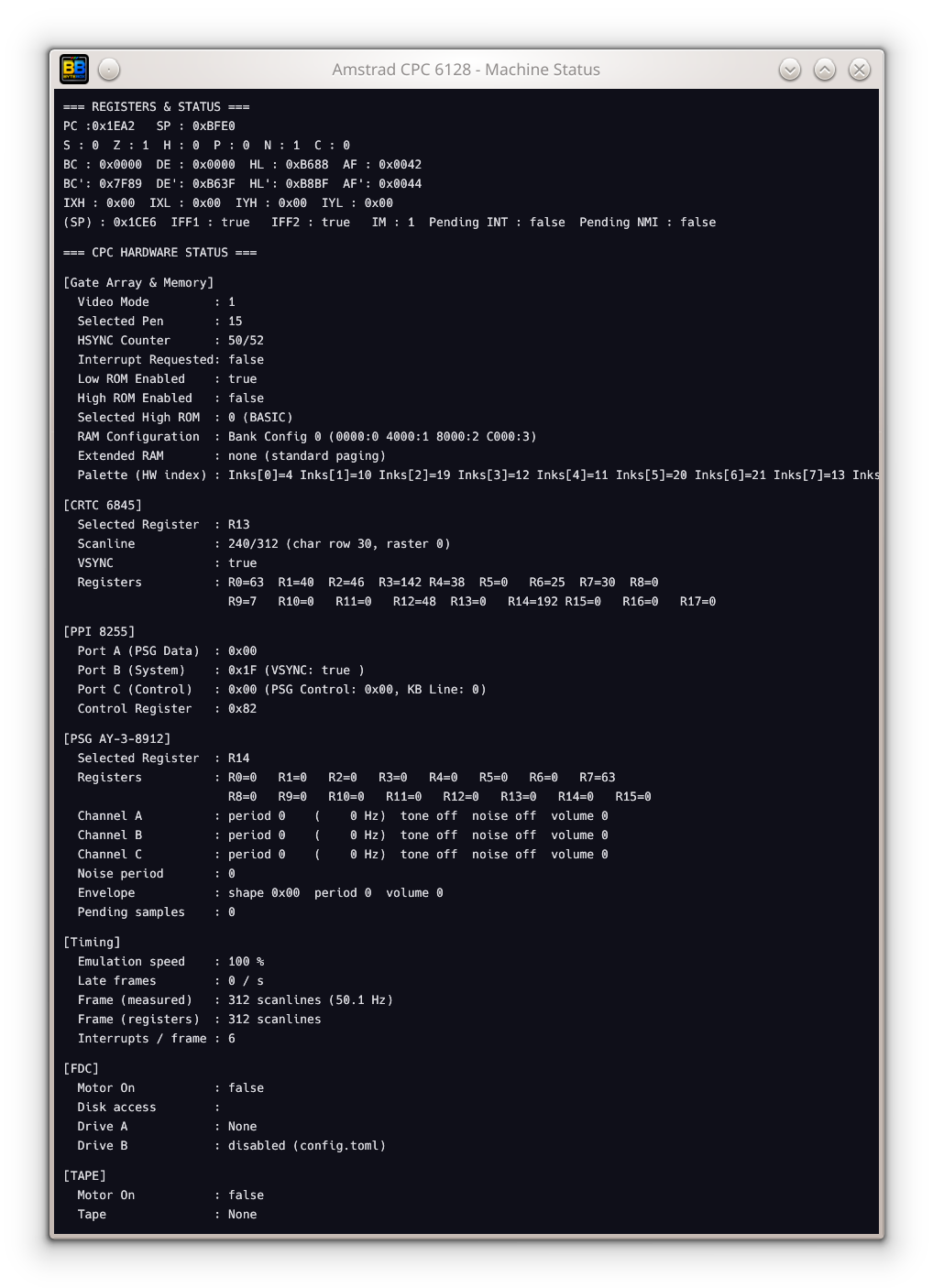 ByteBox's Machine Status window showing Z80 registers, Gate Array, CRTC, PPI, PSG, timing, FDC and tape state