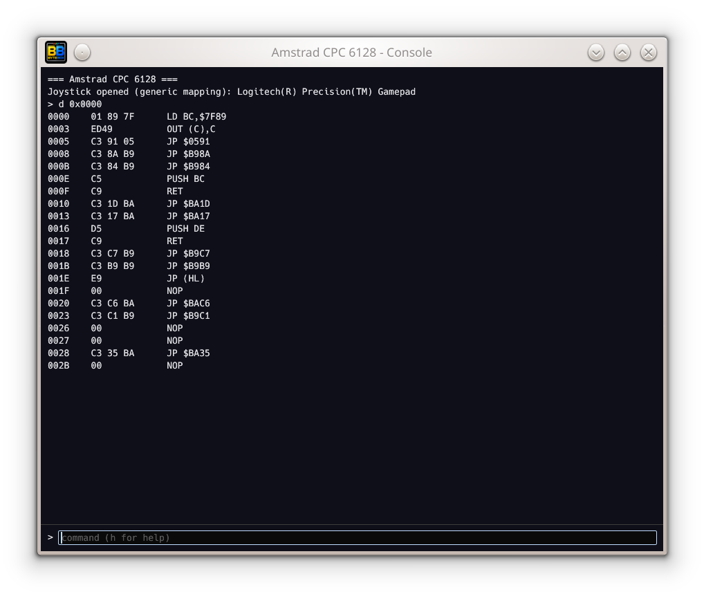 ByteBox's console window with a Z80 disassembly produced by the d monitor command